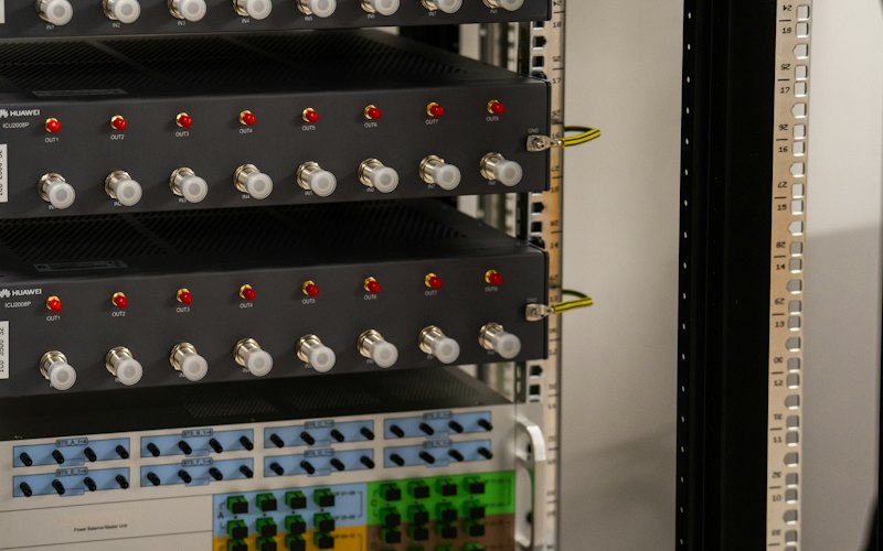 A server rack filled with network equipment